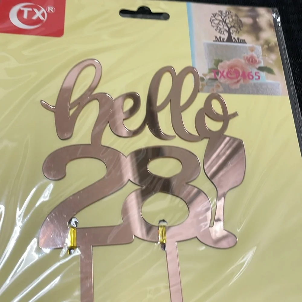 CTX Acrylic Hello 28 Cake Topper - Rose Gold Acrylic Decoration NIP 7” H X 5” W